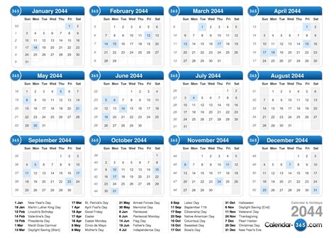 2044|2044 Calendar with Holidays & date picker